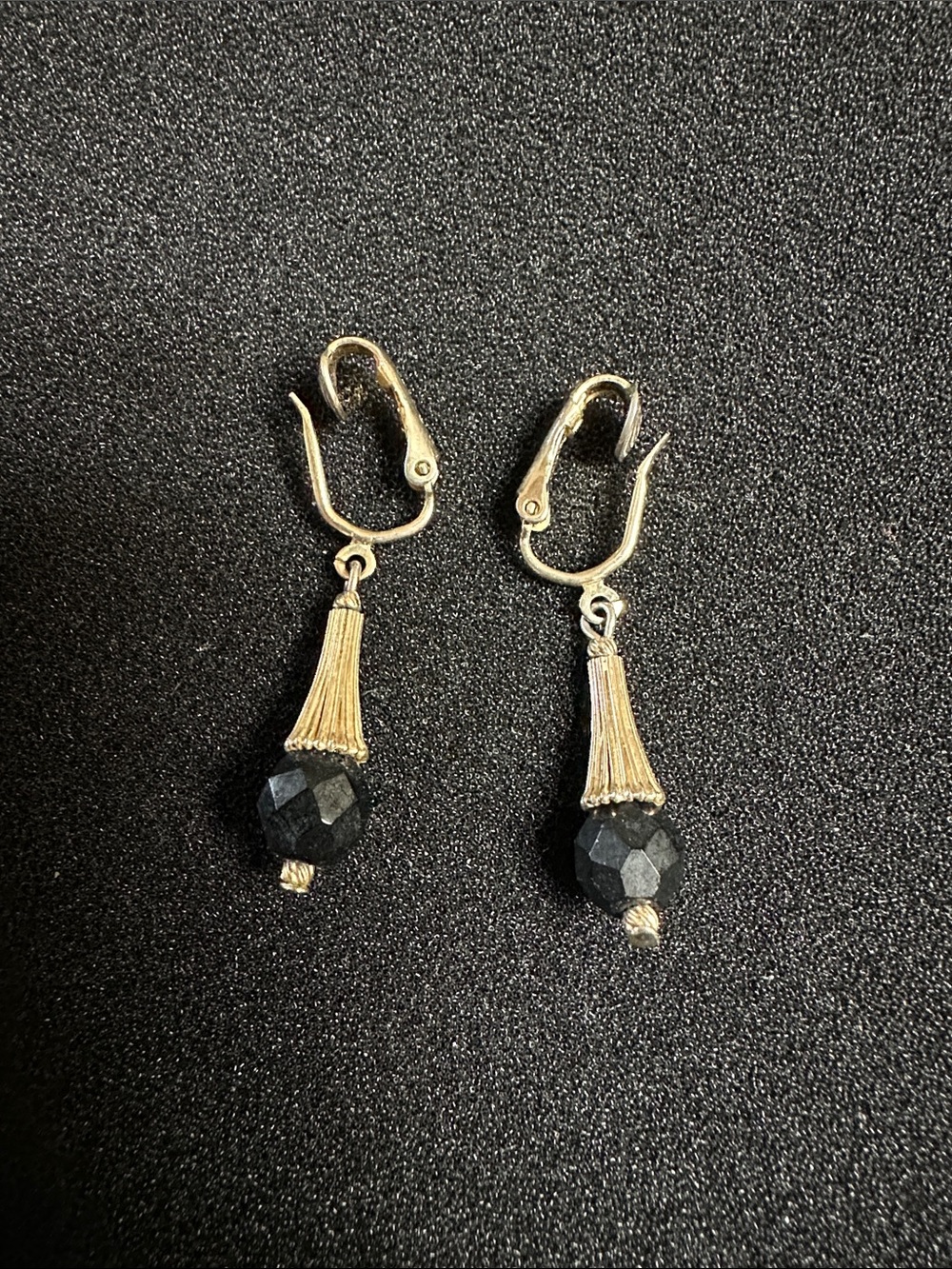 Vintage Sarah Coventry Gold Tone Tassel Earrings with Black Faceted Beads